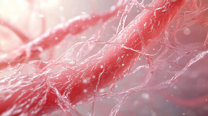 3D render of magnified collagen fibers showcases their intricate, stretching structure with soft, glowing light. image highlights fibrous texture and organic complexity