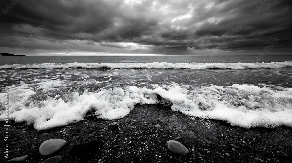 Poster Moody black and white beach scene with crashing waves and cloudy sky : Generative AI