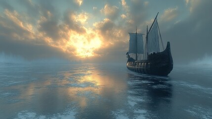 Obraz premium Ancient ship sailing icy sea at sunset, misty horizon, exploration voyage
