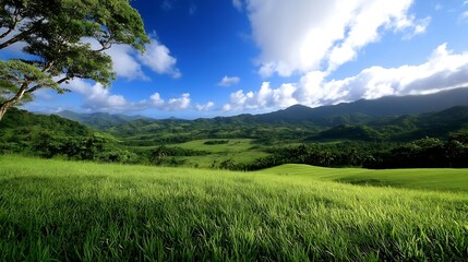 Fototapeta premium Vibrant panoramic view of lush green fields and rolling hills under a bright blue sky : Generative AI
