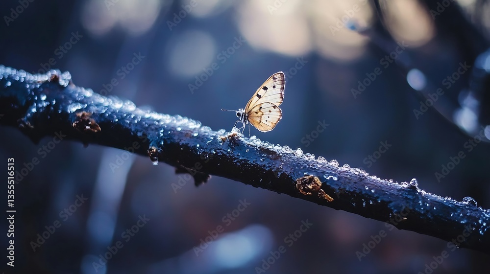 Leinwandbilder delicate butterfly resting on a dewcovered branch in a serene forest setting : generative ai