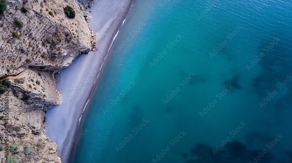 Poster Aerial view of a pristine beach with clear blue water and rugged cliffs creating a serene coastline : Generative AI