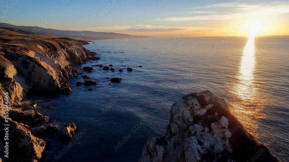 Poster stunning coastal sunset view over calm waters with rocky cliffs and gentle waves reflecting warm hue
