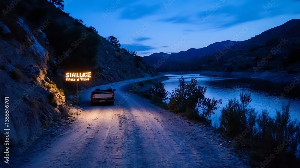 Poster enchanting night view of a winding road by the river illuminated with a rustic sign : generative ai