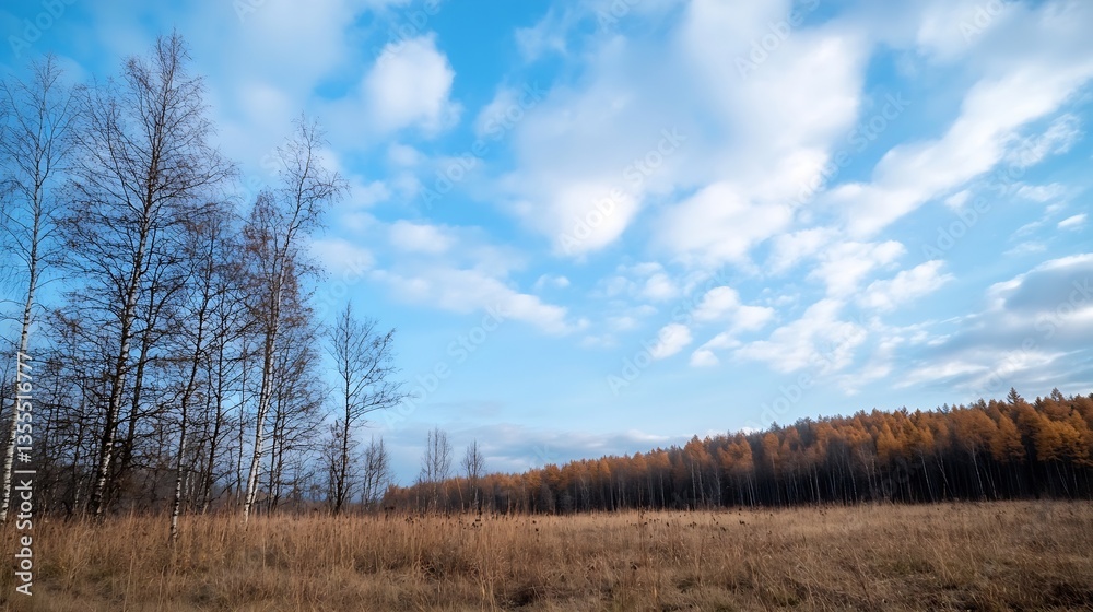 Poster Expansive landscape showing a field with trees and a bright blue sky under fluffy clouds : Generative AI