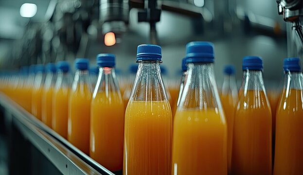 Automated juice bottling line.  Bottles filled with orange juice, capped, and ready for distribution