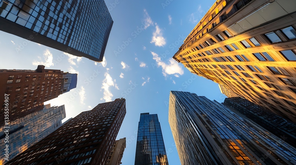 Poster captivating upward view of towering city skyscrapers against a bright blue sky with fluffy clouds : 