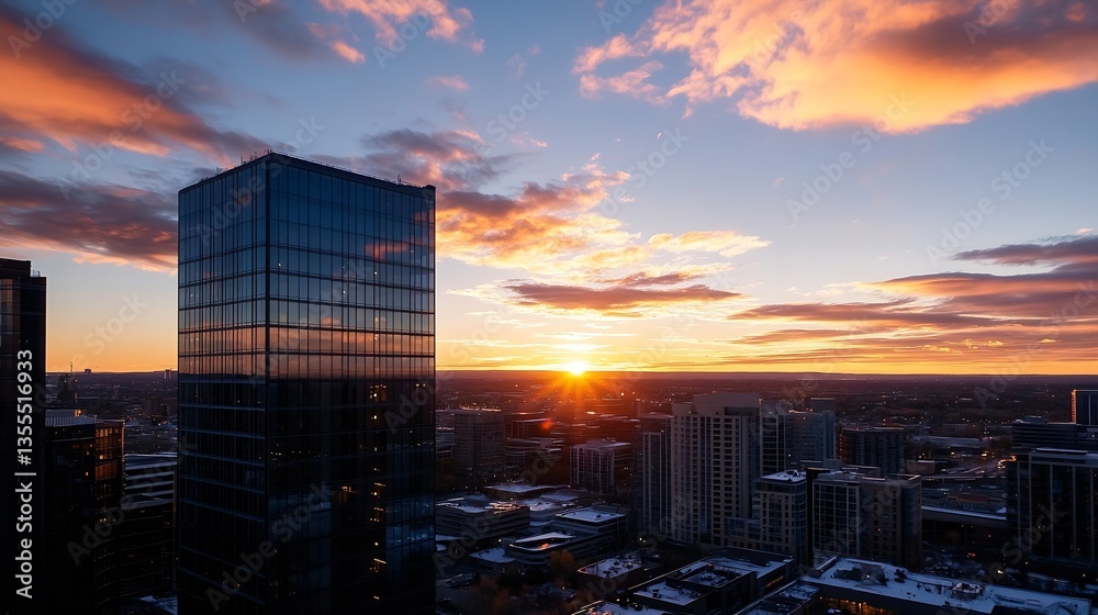 Poster Stunning sunset view over a modern city skyline with colorful clouds reflecting in the buildings : Generative AI