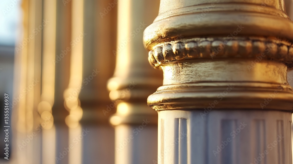Poster close up of beautifully crafted golden column showcasing intricate details and a warm sunset glow : 
