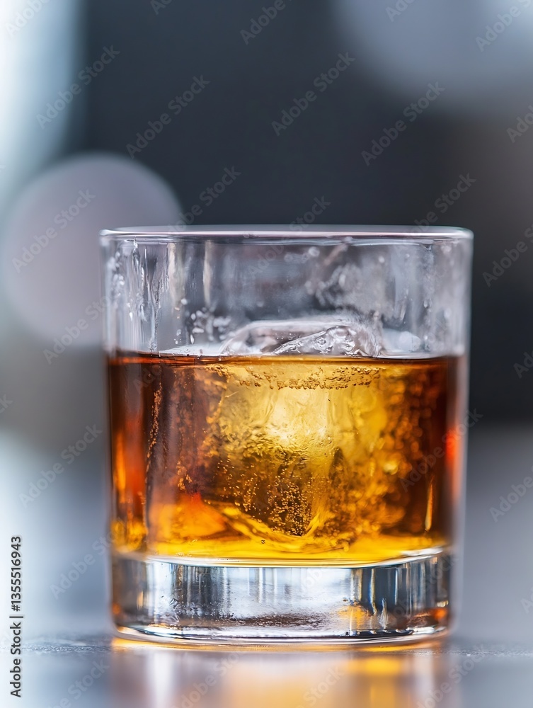 Poster glass of whiskey with ice in a crystal tumbler on a reflective surface showcasing rich amber color :