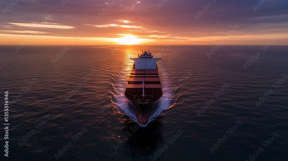 Poster majestic cargo ship sailing towards a colorful sunset over calm ocean waters creating a scenic backd