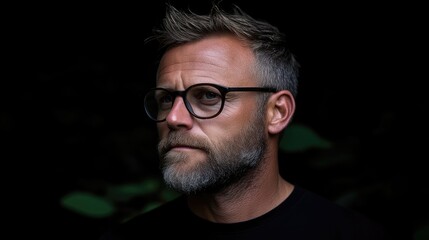 Obraz premium Close-up portrait of a man with glasses and beard. Dark background highlights facial features