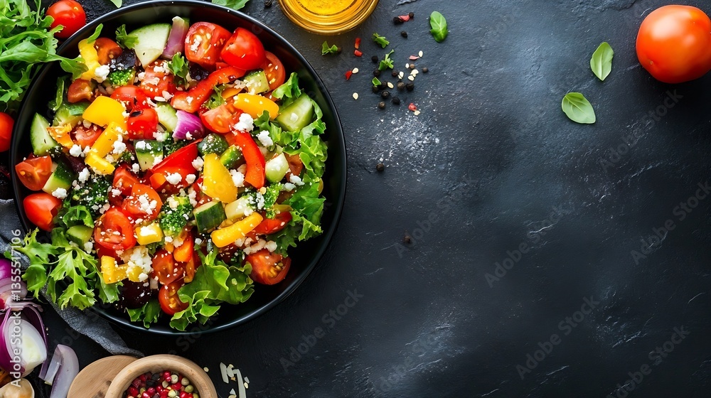 Poster fresh and vibrant vegetable salad with colorful ingredients on a dark background : generative ai