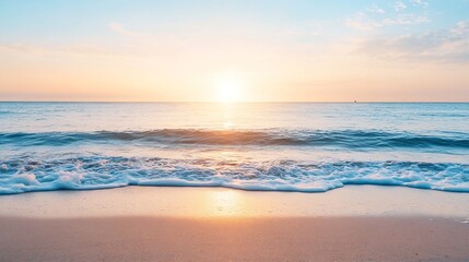 Calm Sunset Over Ocean Waves with Reflection on Sandy Beach During Golden Hour : Generative AI