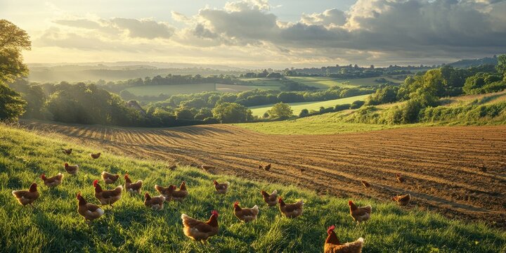 Pollos en paisaje rural