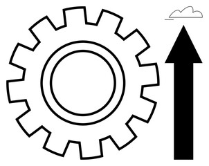Large gear paired with bold upward arrow pointing to a small cloud evokes progress, innovation, collaboration, and growth. Ideal for technology, teamwork, productivity, goal-setting