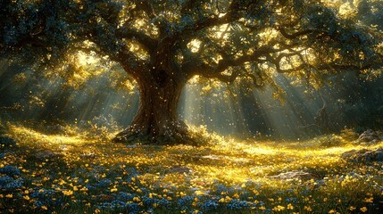 Obraz premium Majestic ancient tree bathed in sunlight, surrounded by wildflowers in a mystical forest