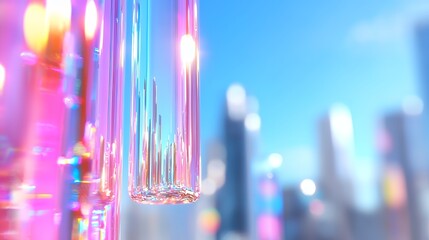 Abstract Glass Tubes with Colorful Refraction in Bright Natural Lighting, Sky View