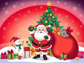  Santa Claus with Gifts, Christmas Celebration, Festive Holiday Illustration, Santa Claus with Gift Sack and Christmas Tree - Festive Holiday Scene, Merry Christmas Vector - Santa Trees Background