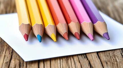 Fototapeta premium Colorful pencils on white paper atop rustic wood.
