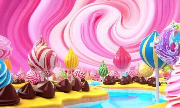 A colorful fantasy scene of a candyland with oversized lollipops, gumdrop mountains, and a swirling pink sky, fun and imaginative