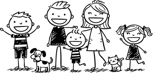 Stick figure family with a dog and cat are smiling together in this simple line drawing Suitable for illustrating family or pets.