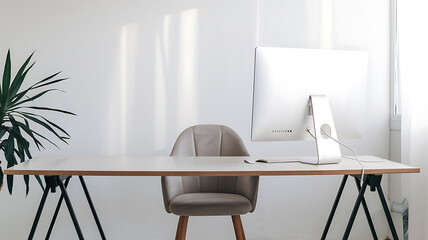 Fototapeta premium Modern minimalist workspace with a computer and chair Clean lines bright light and a touch of nature