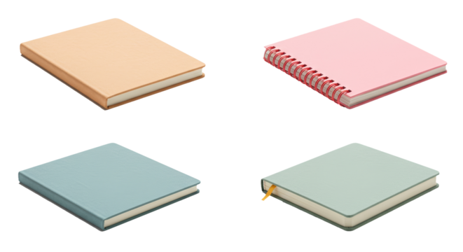 Four pastel colored notebooks for journaling, learning and office stationery concept