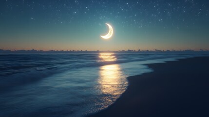 Serene nightscape of a crescent moon hanging over a tranquil ocean. Gentle waves lap a dark sandy shore under a starlit sky. Peaceful and dreamy atmosphere.