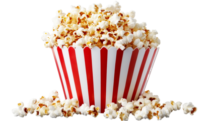 popcorn bucket isolated on transparent background png, Striped box with popcorn, 3D illustration