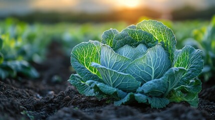 Cabbage growing in field at sunset