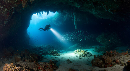 Fototapeta premium Spectacular underwater exploration: Scuba diver illuminates an aquatic cave teeming with life