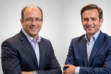 Two Middle-Aged Professional Men in Business Attire Posing for a Portrait in a Studio Environment with Lighting Focused on Their Faces, Smiling Confidently