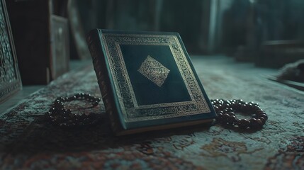 A holy Quran rests on a prayer rug, accompanied by prayer beads. The image evokes a sense of peace and spirituality, capturing the essence of Islamic faith.