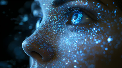 Close-up of a person with glowing blue particles on their face. Suggests futuristic technology or ethereal concepts. Could be used for sci-fi art.