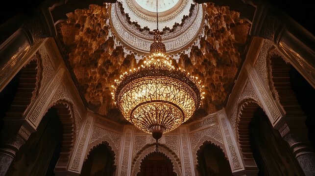 A magnificent chandelier hangs in a grand mosque, illuminating intricate carvings and arches.  Warm light bathes the ornate architecture, creating a stunning display of Islamic art and design.