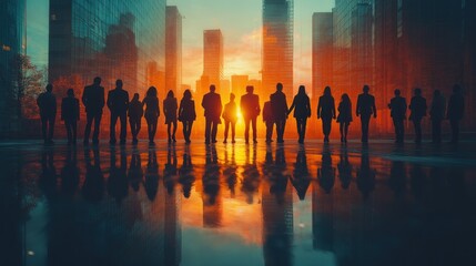 Business People Walking Towards Sunrise in City