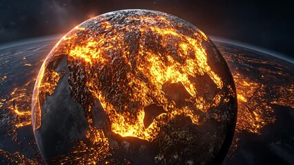 Apocalyptic view of Earth, fiery surface and destruction across the planet