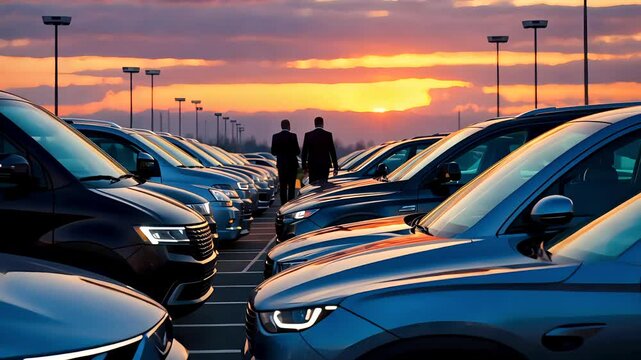 Car dealership lot at sunset with lined vehicles and people walking in between