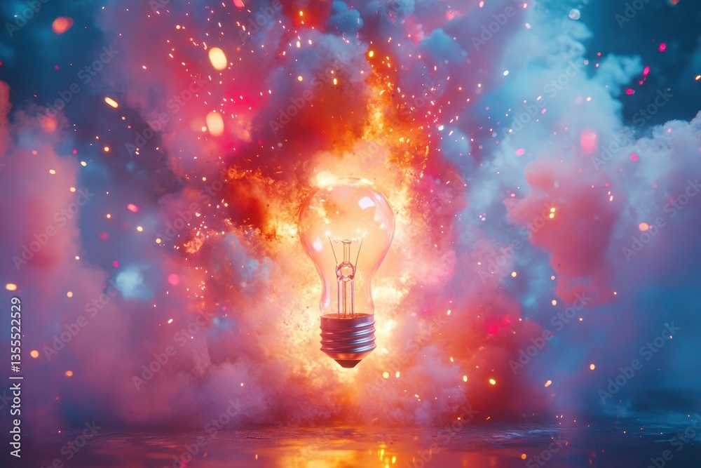 Poster Bright vintage light bulb illuminated against a vibrant abstract background showcasing colors blending in an artistic way