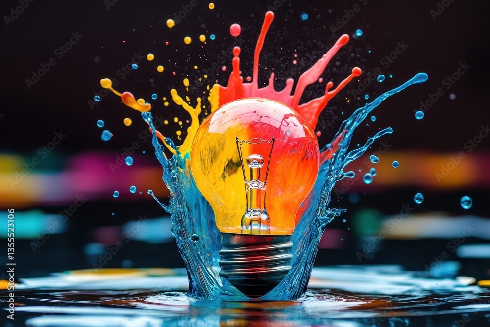 Poster Colorful splash with a light bulb submerged in water, capturing an artistic moment of creativity and expression in a vibrant setting