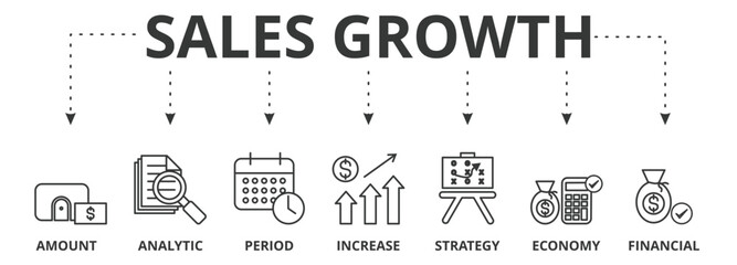 Sales growth banner vector illustration concept with icons of amount, analytics, period, increase, strategy, economy, financial
