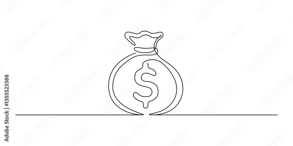 Poster dollar money bag in one continuous line drawing. sack with cash and golden coins in simple linear st