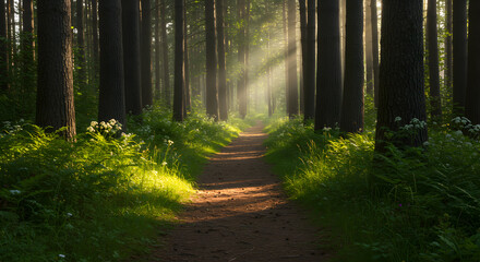Obraz premium Walking Along Sunlight Dappled Path through Serene Forest Landscape