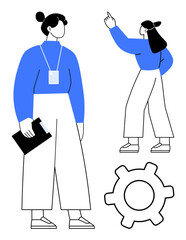 Two professionals collaborating, one with clipboard, another pointing to an idea. Ideal for teamwork, collaboration, leadership, innovation, strategy, problem-solving productivity in flat simple