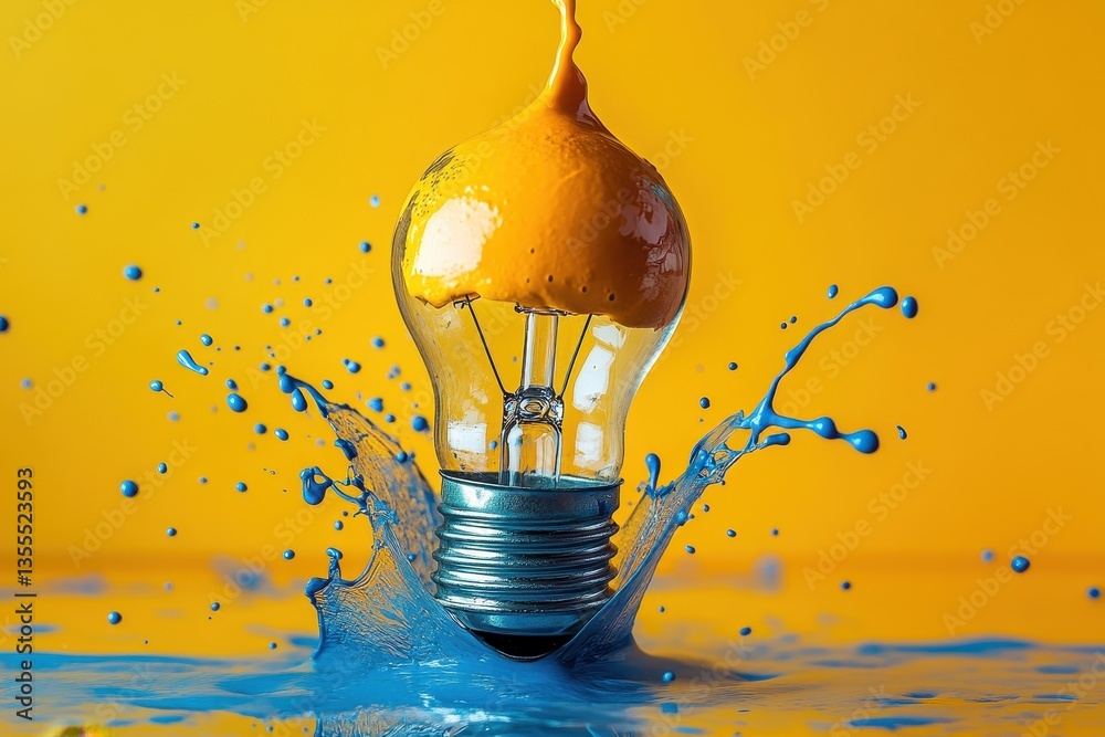 Poster Colorful splash with a light bulb submerged in water, capturing an artistic moment of creativity and expression in a vibrant setting