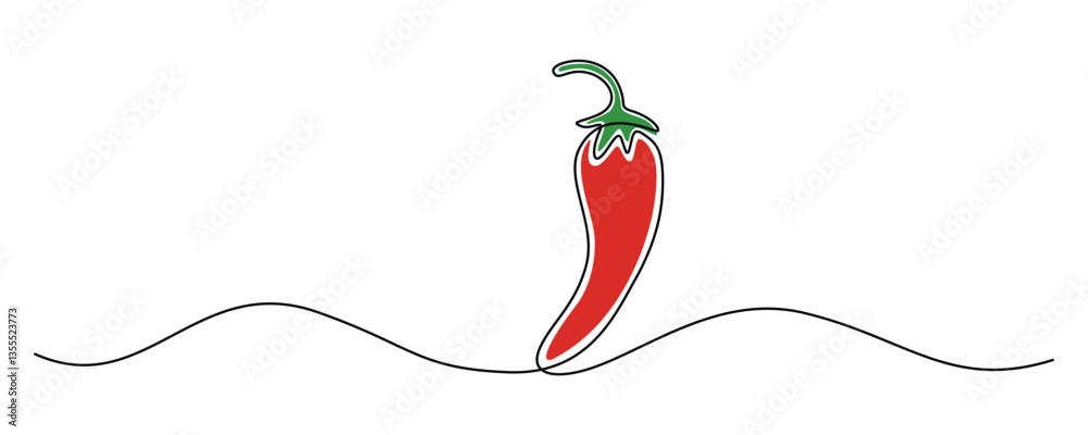 Poster red chili pepper in one continuous line drawing. hot mexican spice in simple linear style. editable 
