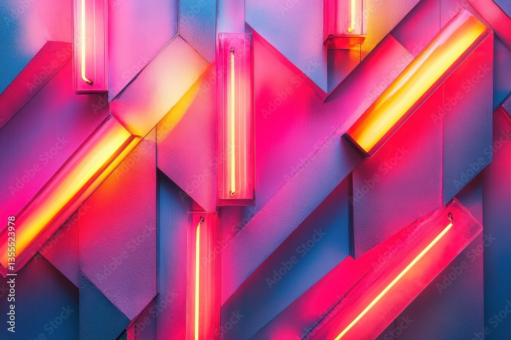 Poster Colorful neon lights create an abstract pattern on a textured wall in a modern urban setting at night