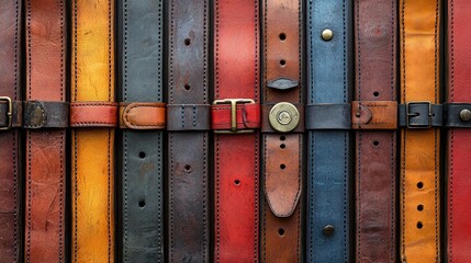 Fototapeta premium Collection of diverse leather belts in various colors and textures, displayed neatly in rows