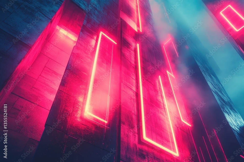 Poster colorful neon lights create an abstract pattern on a textured wall in a modern urban setting at nigh